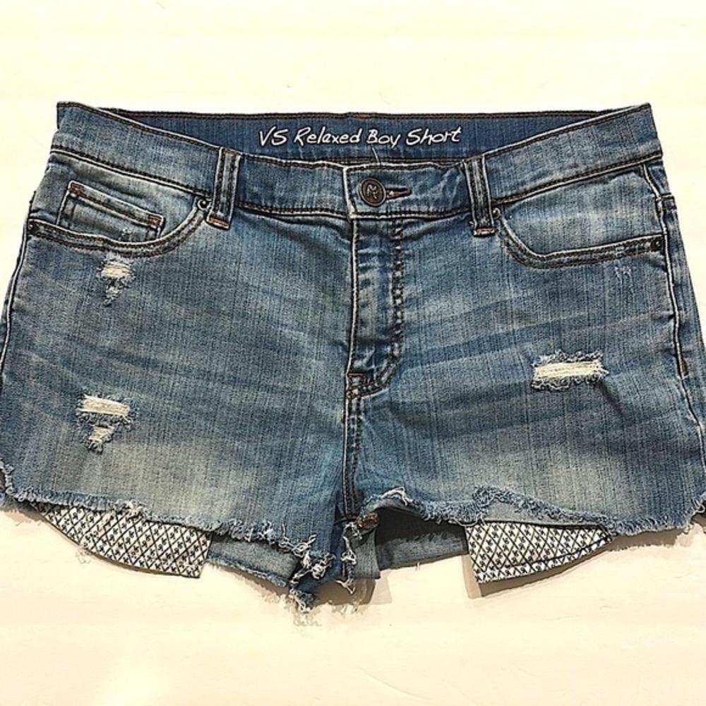 Victoria's Secret Relaxed Boy Short Blue Jean Shorts Distressed Cut-Offs Size 8